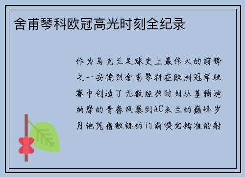 舍甫琴科欧冠高光时刻全纪录